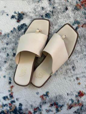 Franco Sarto Leather Cream Toe-Loop Slide Sandals